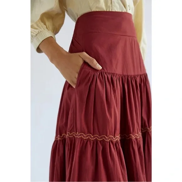 NWT ANTHROPOLOGIE TIERED LACE
MAXI SKIRT Deep Red - Picture 6 of 7
